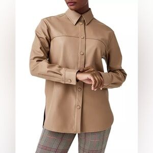 NEW SPANX Long Sleeve Faux Leather Shirt Jacket in Toffee Camel Neutral Beige